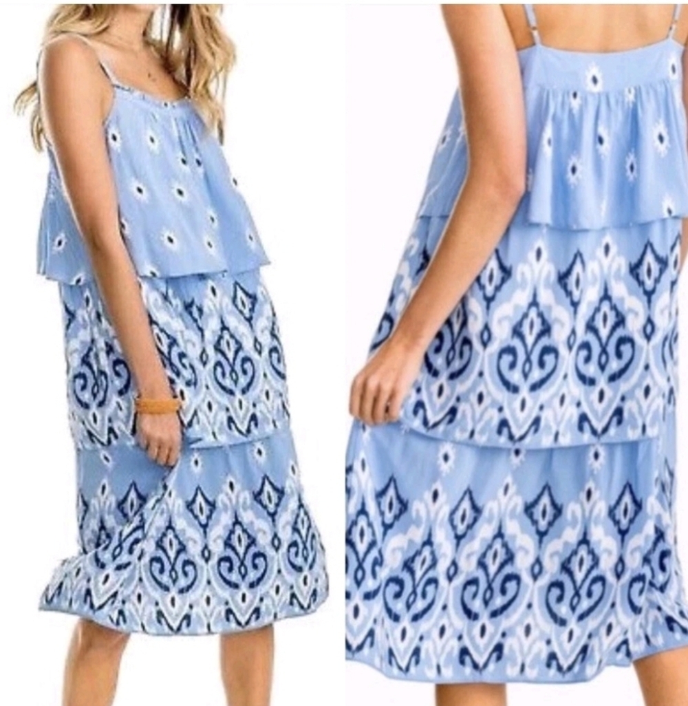NWT Southern Tide Rayelle Tiered Midi Dress in Hurricane Blue Med $198